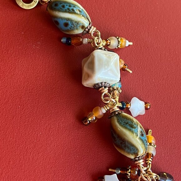 Boho Dangle Bracelet, Banded Agate Gemstone, Ceramic Beads, Wire Wrapped Dangles - Picture 12 of 15